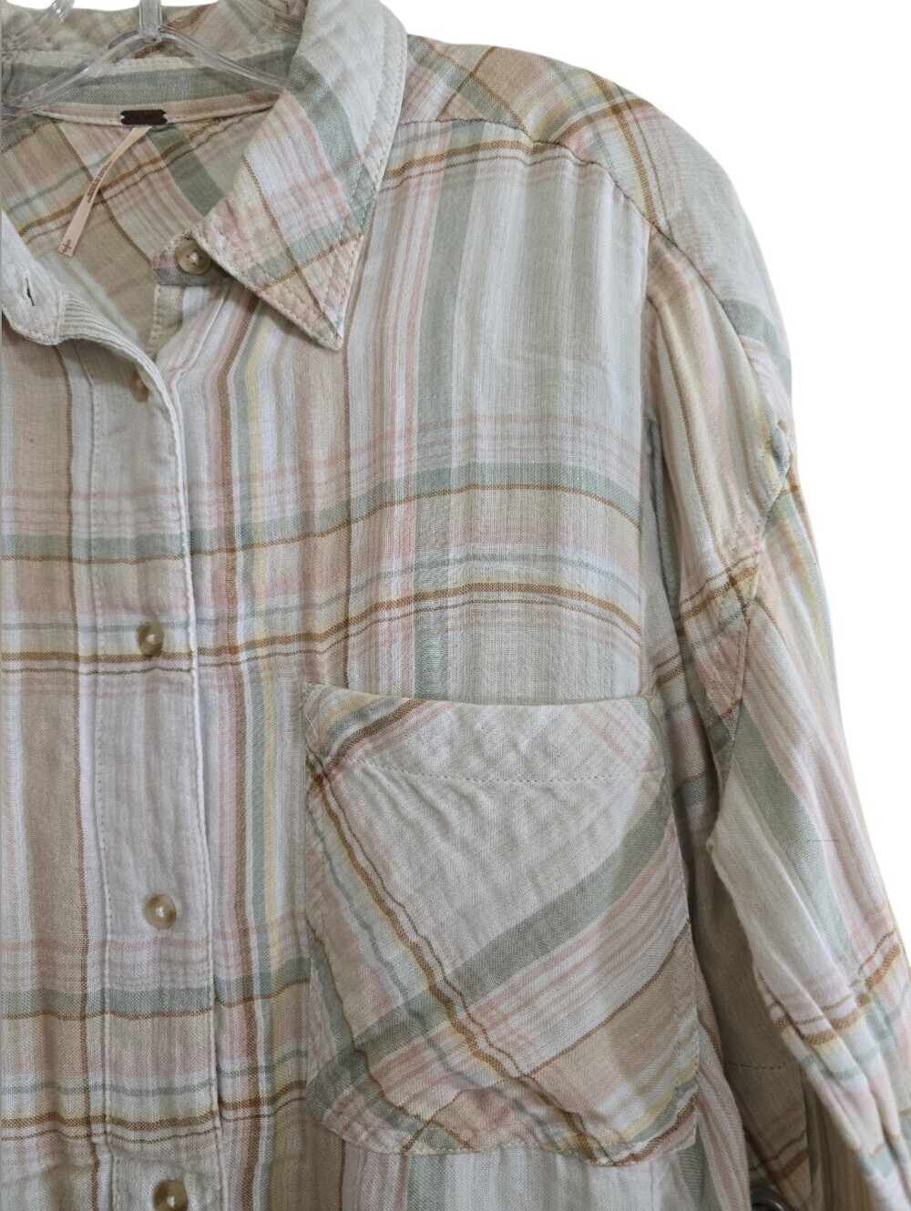 Free People Nordic Day Gauze Plaid Lace-up Side Tunic Top Small Cream Combo - Picture 5 of 10